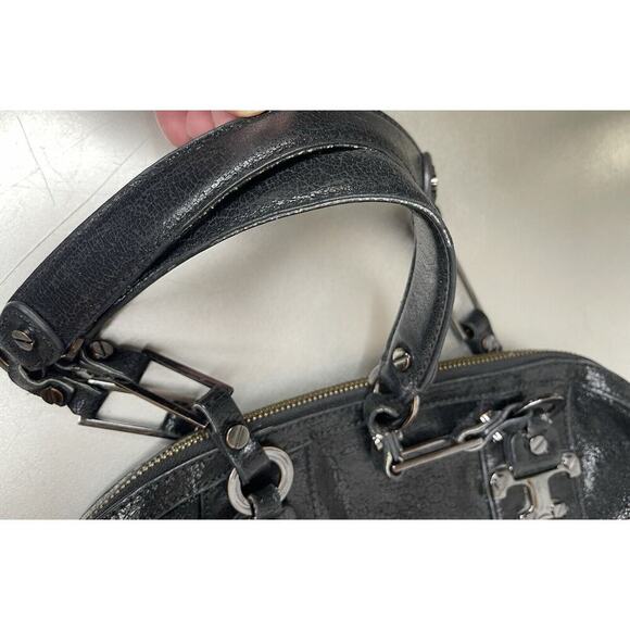 Tory Burch Black Sheen Crackle Leather Top Handle Bag Chunky Hardware Y2K - Picture 8 of 11